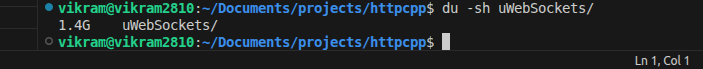 Terminal showing the uWebSockets folder is 1.4GB