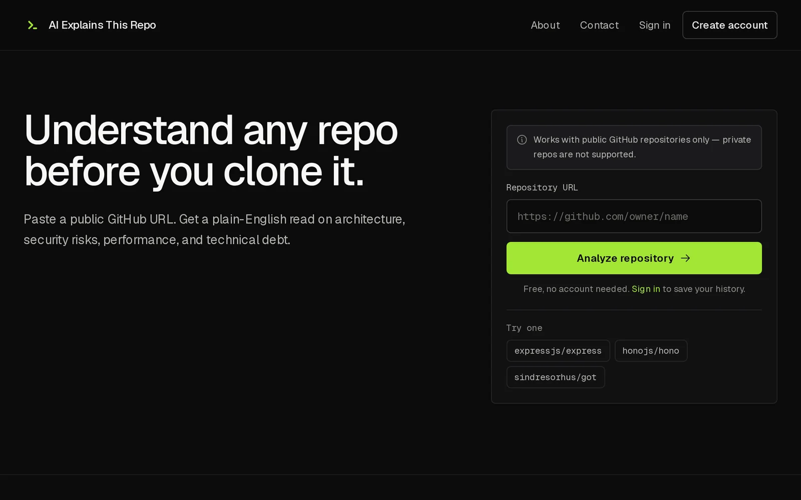 Screenshot of AI Explains Repo home page